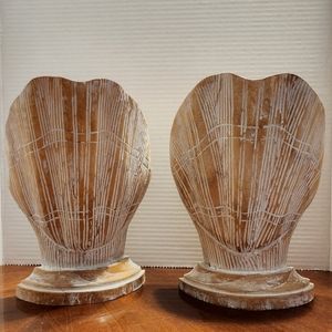 Pair of Vintage Solid Wood Carved Clam Sea Shells Nautical Bookends Indonesia